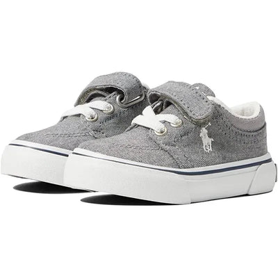 Grey Ralph Lauren Baby boy shoes with white laces, velcro strap, and a logo detail on the side.