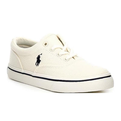 Vulcanized cream canvas sneakers for boys by Ralph Lauren, featuring a navy trim and embroidered polo logo.