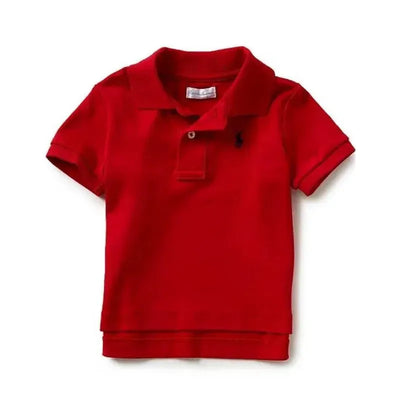 Red interlock polo shirt for boys by Ralph Lauren, featuring a classic collar and a small logo on the chest.