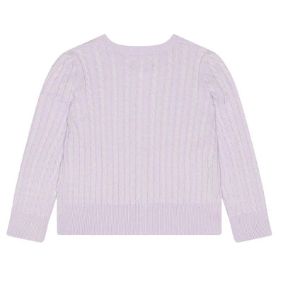 Cable-knit cotton cardigan in flower purple, featuring long sleeves and a ribbed hem.