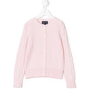 Cable-knit cotton cardigan in hint of pink with a round neck and white buttons, featuring the Polo Ralph Lauren logo.