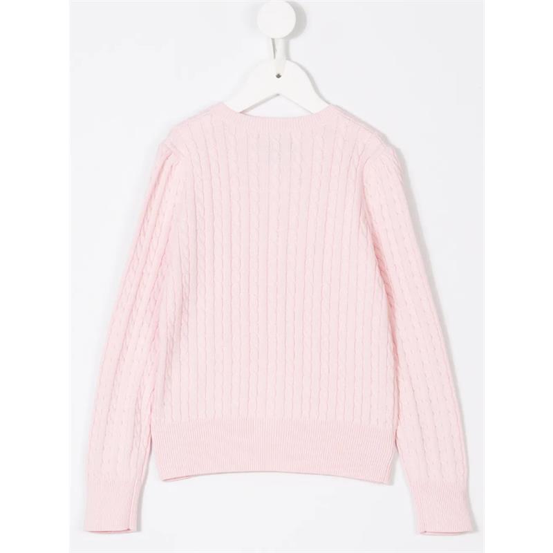 Cable-knit cotton cardigan in hint of pink, featuring long sleeves and ribbed hem, displayed on a hanger.