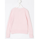 Cable-knit cotton cardigan in hint of pink, featuring long sleeves and ribbed hem, displayed on a hanger.
