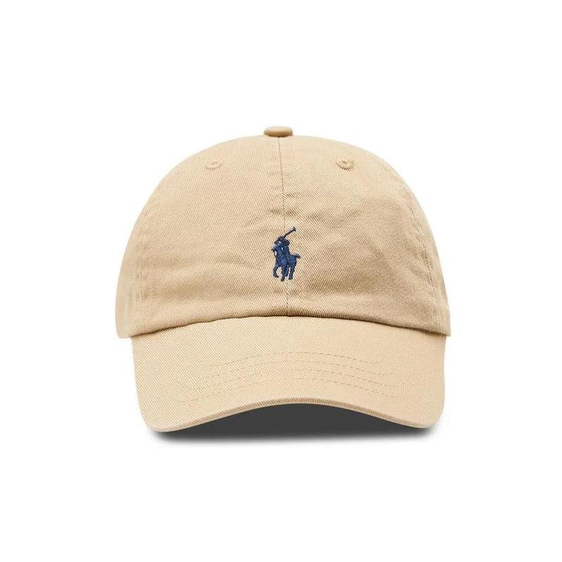 Khaki cotton chino baseball cap featuring a navy embroidered polo player logo, suitable for babies.