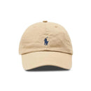 Khaki cotton chino baseball cap featuring a navy embroidered polo player logo, suitable for babies.