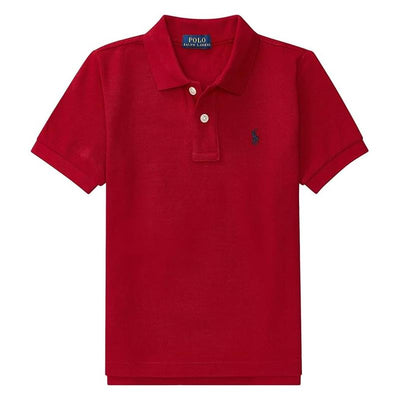 Ralph Lauren Baby cotton mesh polo shirt in bright red, featuring a collar, two buttons, and a small embroidered logo.