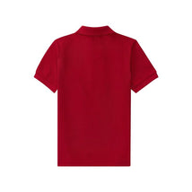 Cotton mesh polo shirt in bright red color with a classic collar and short sleeves, back view.