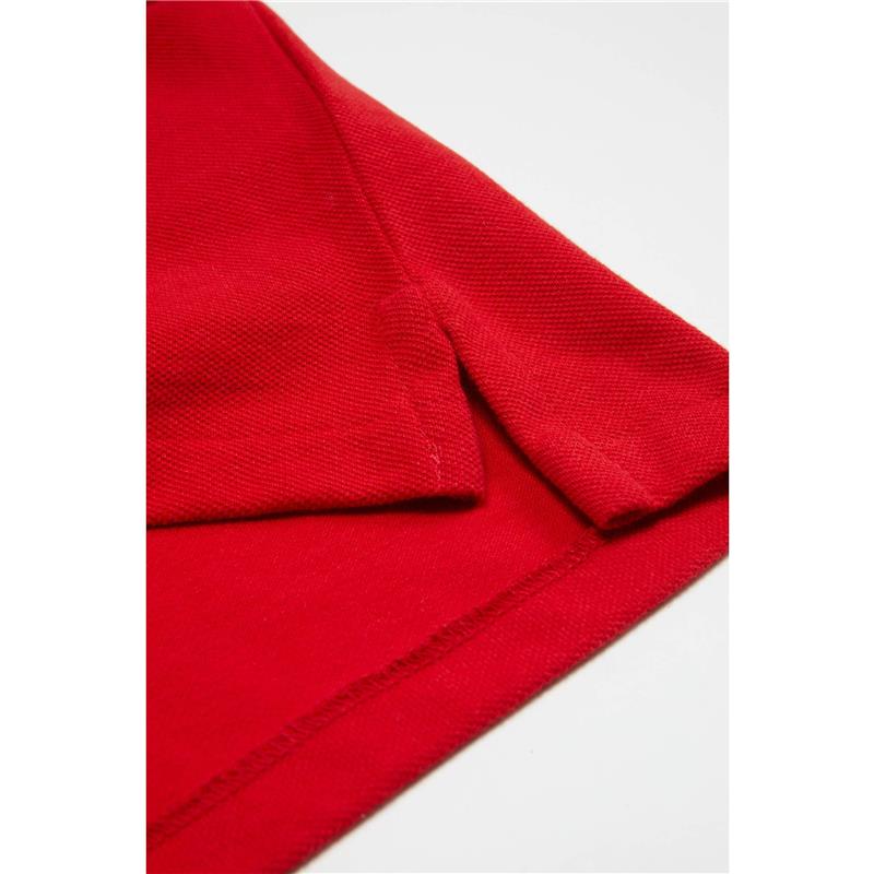 Red cotton mesh polo shirt for babies with a folded collar and short sleeves.