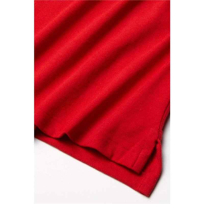 Ralph Lauren Baby red cotton mesh polo shirt, showing fabric texture and rolled edge.