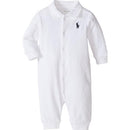 White cotton polo coverall for babies featuring a collar and a small navy blue polo logo.