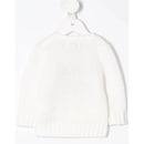 Crewneck sweater for babies in white cotton, featuring ribbed cuffs and hem, displayed hanging.