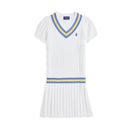 Short-sleeve white mini dress with cable knit pattern, blue and yellow striped v-neck and pleated skirt, by Ralph Lauren.