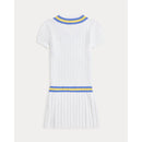Short-sleeve white mini cable knit cricket dress with blue and yellow striped collar and waistband.