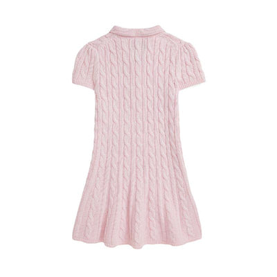 Short sleeve cotton cable dress in pink for baby girls, featuring a collared neckline and textured knit design.