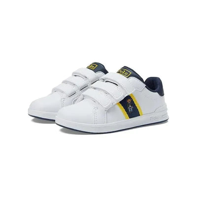 Ralph Lauren Baby Heritage Court III EZ Bear shoes in white with navy accents and Velcro straps, featuring a bear embroidery.