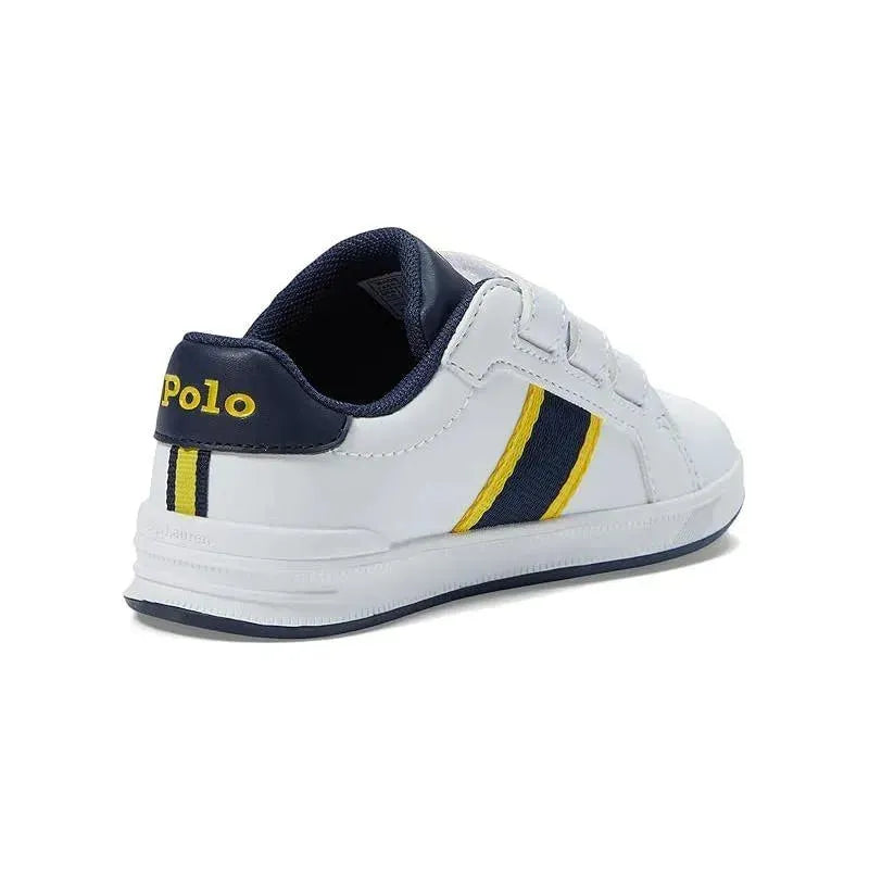 Ralph Lauren Baby Heritage Court III EZ Bear sneakers in white, navy, and yellow with Velcro straps.