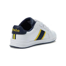 Ralph Lauren Baby Heritage Court III EZ Bear sneakers in white, navy, and yellow with Velcro straps.