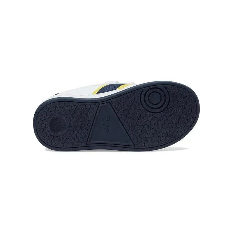 Navy and white sneaker sole with hexagonal grip detail, featuring a triangular pattern and brand logo.