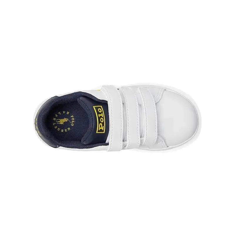 White Ralph Lauren Baby Heritage Court III EZ Bear sneakers with navy interior and three Velcro straps.