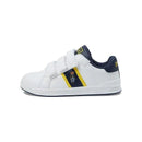 White sneaker with velcro straps, featuring a yellow stripe and embroidered bear logo, designed for babies by Ralph Lauren.