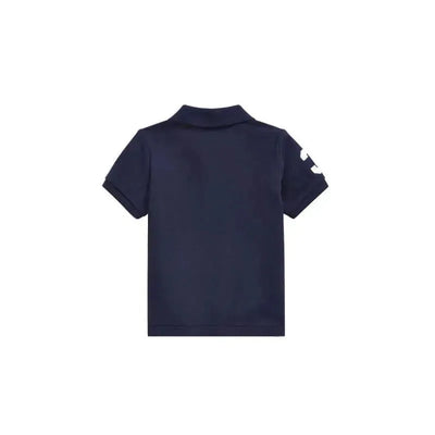 Baby knit polo shirt in French navy with short sleeves and a folded collar.