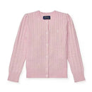 Long-sleeve pink cashmere cardigan sweater with cable knit pattern and button closure from Ralph Lauren Baby.