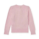 Long-sleeve pink cashmere cable knit cardigan sweater by Ralph Lauren for babies, showcasing a textured design.