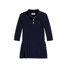 Long-sleeve navy polo dress for babies, featuring a cable knit design, three buttons, and a pleated skirt.