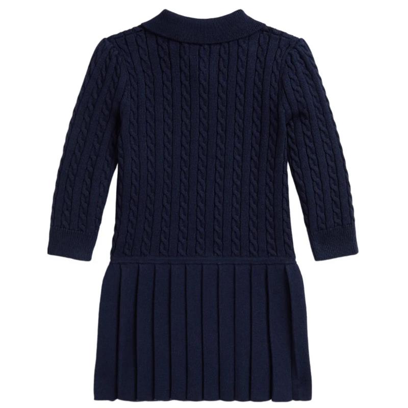 Long-sleeve navy combed cotton polo dress for babies, featuring a mini cable knit design and pleated skirt.