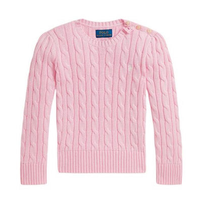 Long sleeve, pink cotton cable knit sweater for babies by Ralph Lauren, featuring decorative buttons and a ribbed hem.