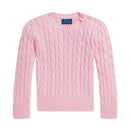 Long sleeve, pink cotton cable knit sweater for babies by Ralph Lauren, featuring decorative buttons and a ribbed hem.