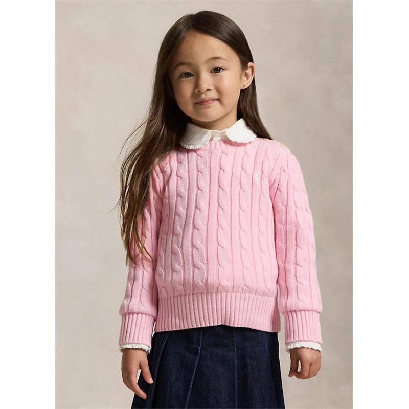 Ralph Lauren baby long sleeve cotton cable sweater in hint of pink, worn by a girl with long hair and white collared shirt.