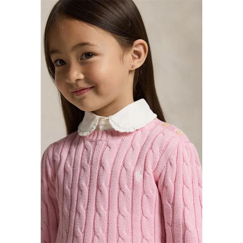 Ralph Lauren baby long sleeve cotton cable sweater in hint of pink, worn by a smiling young girl with a white collared shirt.