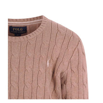 Ralph Lauren baby long-sleeve cable-knit crewneck sweater in camel heather, featuring a ribbed neckline and textured pattern.