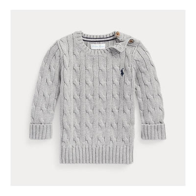Long-sleeve light gray cable-knit crewneck sweater for babies with a small navy logo and button detail on the shoulder.