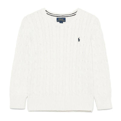Long sleeve white cotton cable knit sweater by Ralph Lauren, featuring a small navy pony logo on the chest.