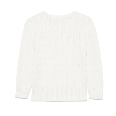 Long sleeve white cotton cable knit sweater for infants, featuring a round neckline and ribbed hem.