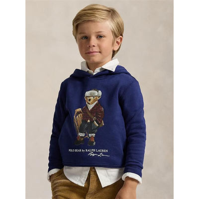 Navy long-sleeve hoodie featuring a graphic of a polo bear in a plaid outfit, worn by a young boy.