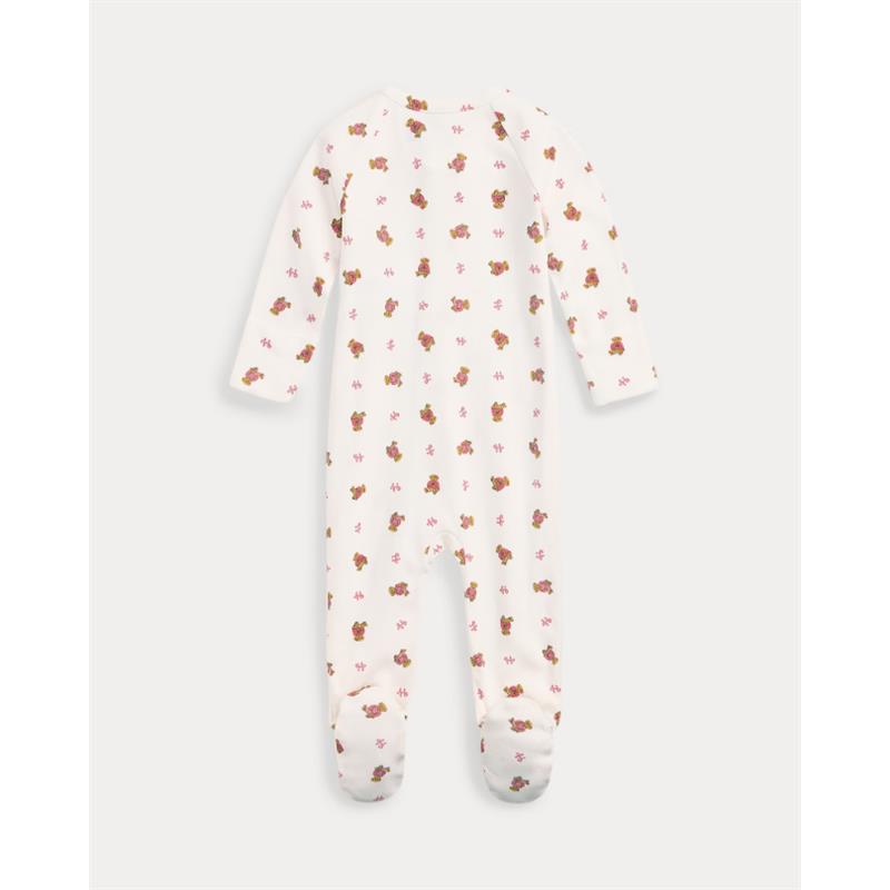 Long-sleeve white cotton coverall with novelty bear print and floral accents, designed for babies.
