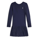 Ralph Lauren baby long-sleeve cotton dress in Newport Navy, featuring a ribbed top and pleated skirt with a small logo.