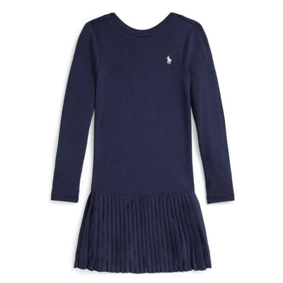 Ralph Lauren baby long-sleeve cotton dress in Newport Navy, featuring a ribbed top and pleated skirt with a small logo.