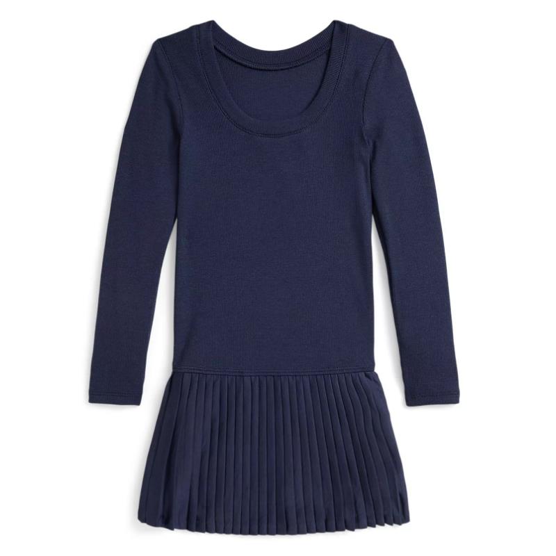 Ralph Lauren baby long-sleeve cotton ribbed knit scoop neck dress in Newport Navy with a pleated skirt.