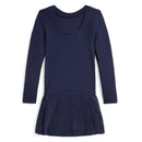 Ralph Lauren baby long-sleeve cotton ribbed knit scoop neck dress in Newport Navy with a pleated skirt.