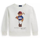 Ralph Lauren Baby long-sleeve fleece sweatshirt in deckwash white featuring a graphic of a polo bear holding a mallet.