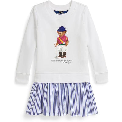Long-sleeve white and blue striped day dress featuring a Polo Bear graphic in a polo outfit on the front.