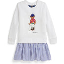 Long-sleeve white and blue striped day dress featuring a Polo Bear graphic in a polo outfit on the front.