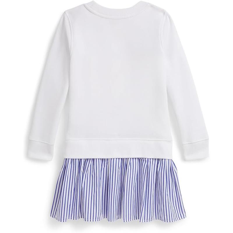 Long-sleeve lightweight fleece dress featuring a white top and a blue and white striped ruffled skirt.