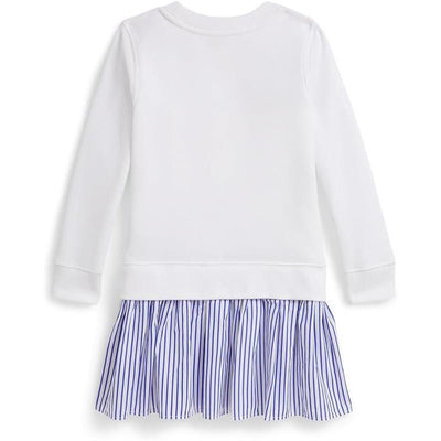 Long-sleeve lightweight fleece dress featuring a white top and a blue and white striped ruffled skirt.