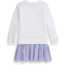 Long-sleeve lightweight fleece dress featuring a white top and a blue and white striped ruffled skirt.