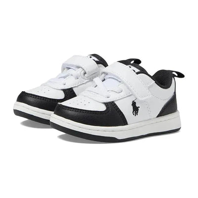 Black and white Ralph Lauren Baby Polo Court II PS shoes featuring a velcro strap and logo detail.
